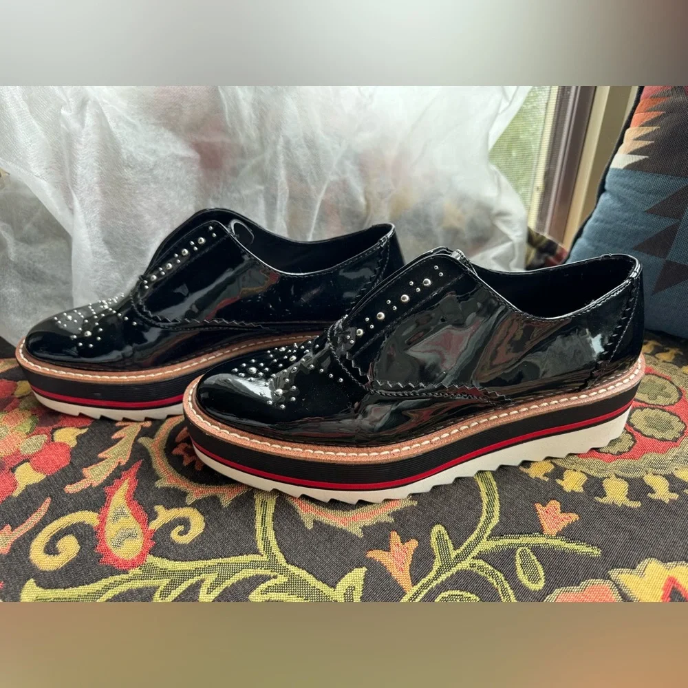 Zara Woman: Slip On Black Patent Studded Brogue Sz 38/7.5 - Picture 2 of 10